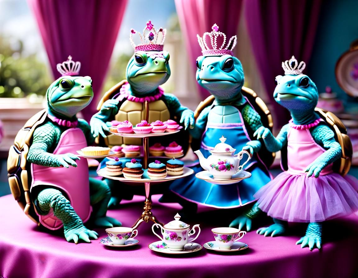 Anthropomorphic Turtles Tea Party in Fantasy Style