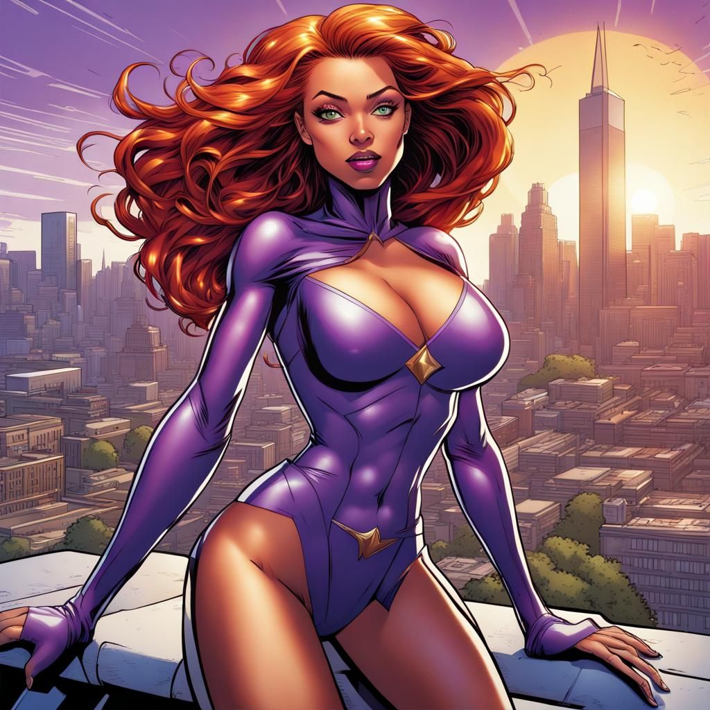 Starfire Flying Over City in Comic Book Art