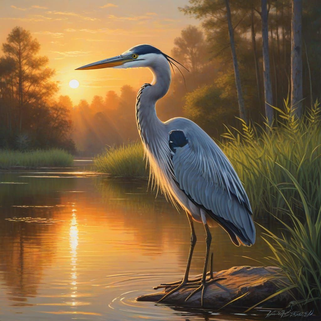 Heron At Sunset On Forest Lake Impasto Painting