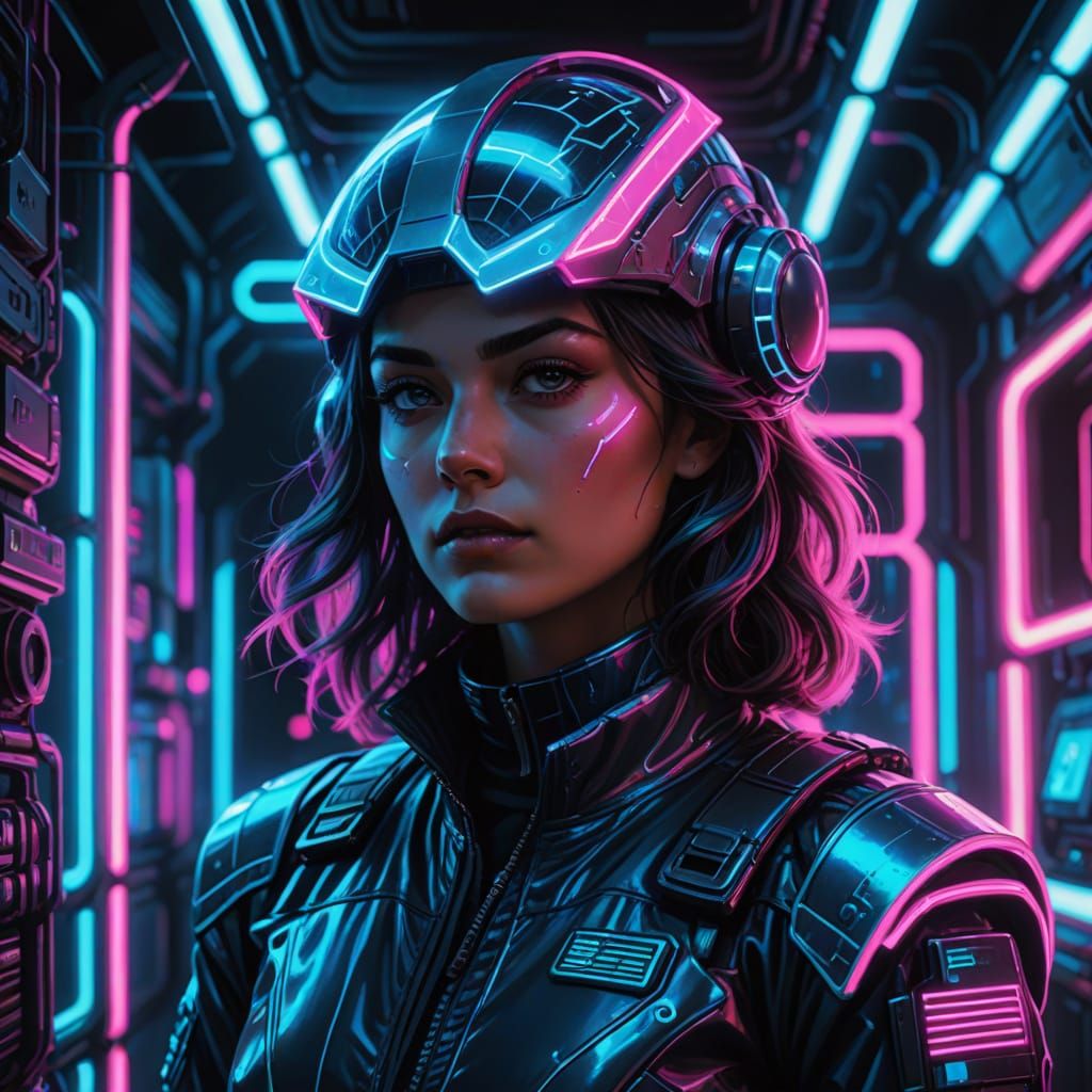 Girl in Retro Sci-Fi Gear in Synthwave Style