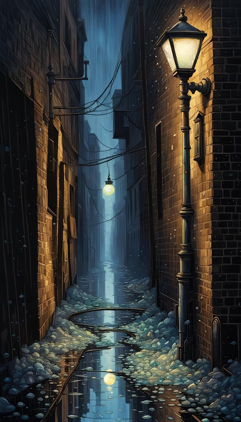 Iridescent Dewdrops on Shattered Glass in Alleyway