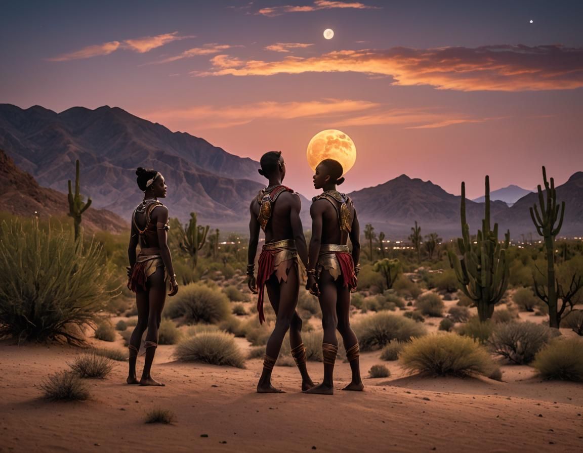 (Beautiful Desert Oasis Sunset With Two Full Moons In The Sky Populated With Joyfully Expressive Dark Skinned Elves In P...