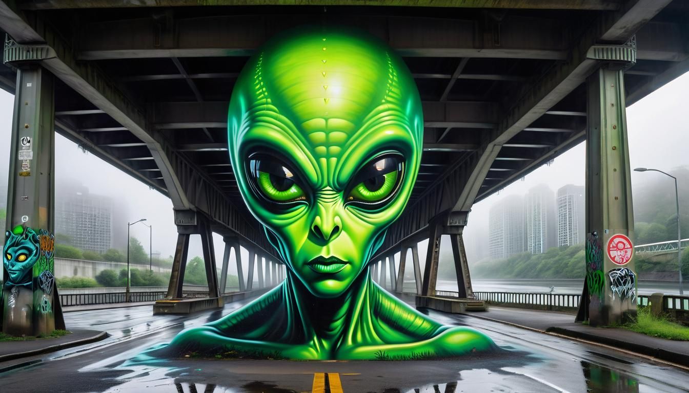 Alien Graffiti Art Under Bridge in Urban Setting