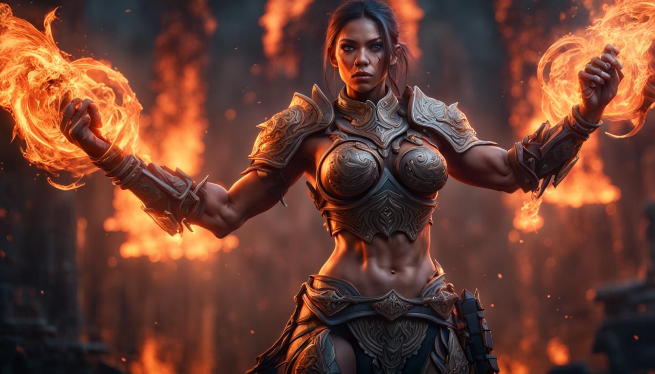 Female Warrior in Ready Stance: Detailed Matte Painting