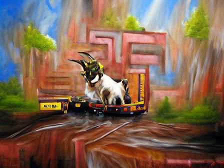 Goat Drives a Freight Train: Oil Painting