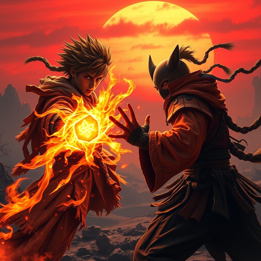 Fantastical Hero Showdown at Crimson Sunset