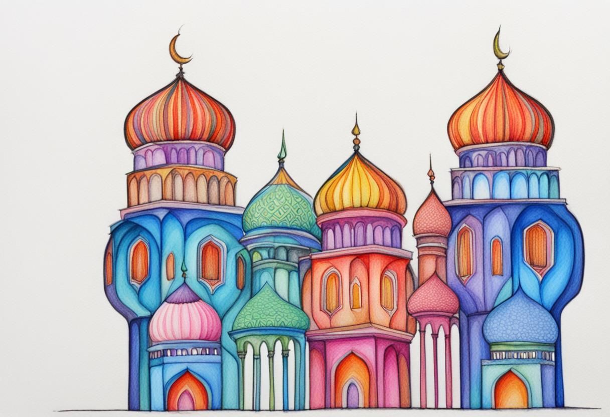 Colorful Mosque Towers in Colored Pencil Style