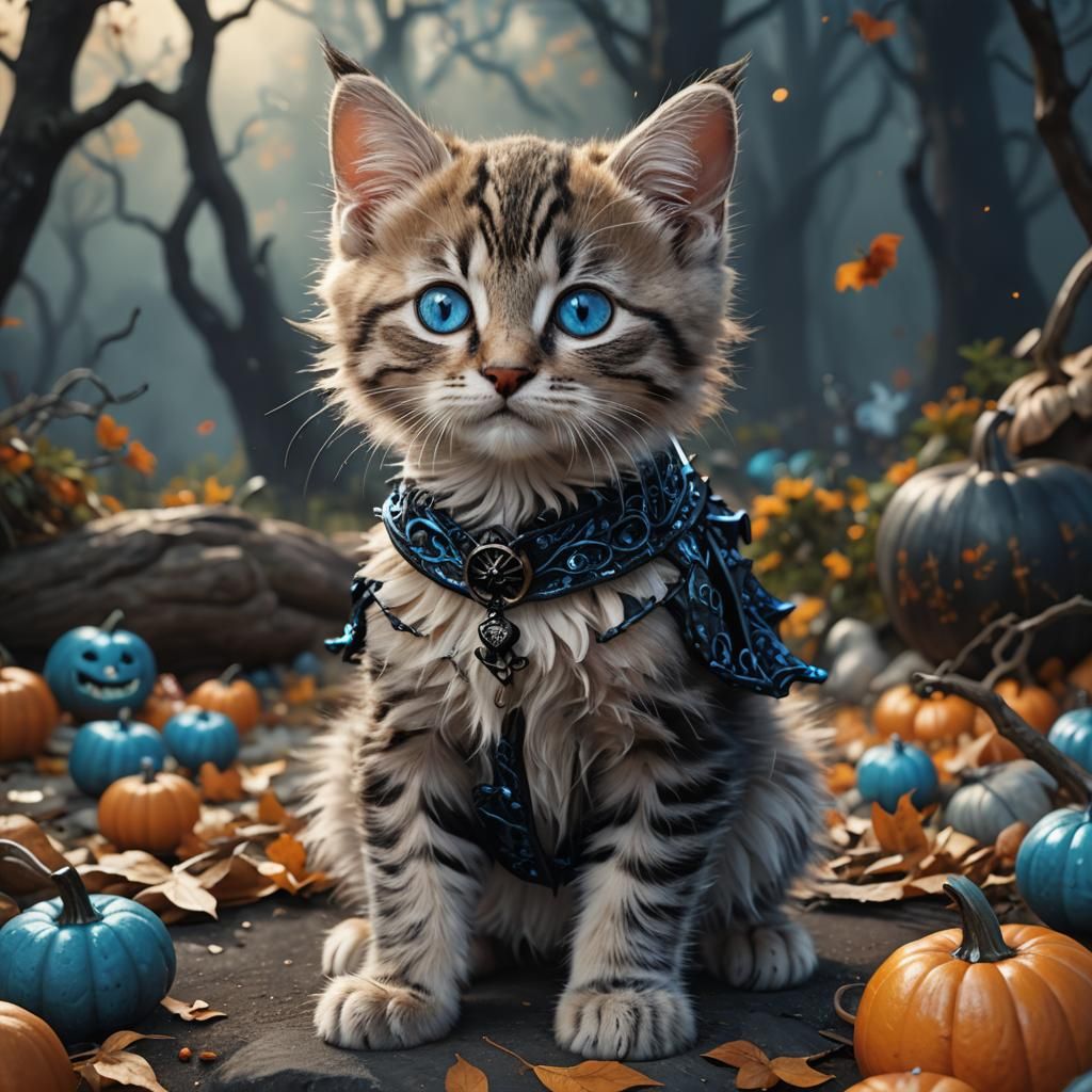 Kitten in Halloween Costume: Detailed 4K Painting