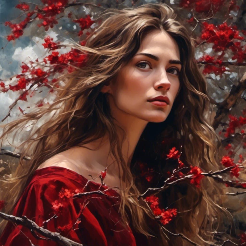 Beautiful Woman in Red Dress, Oil Painting Style