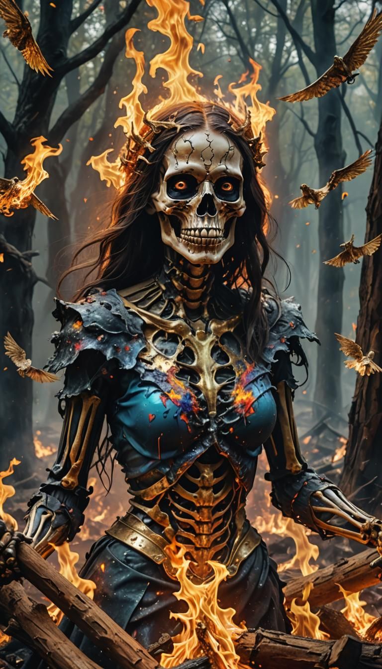 Psychedelic Portrait of Skeleton Girl with Demonic Creature