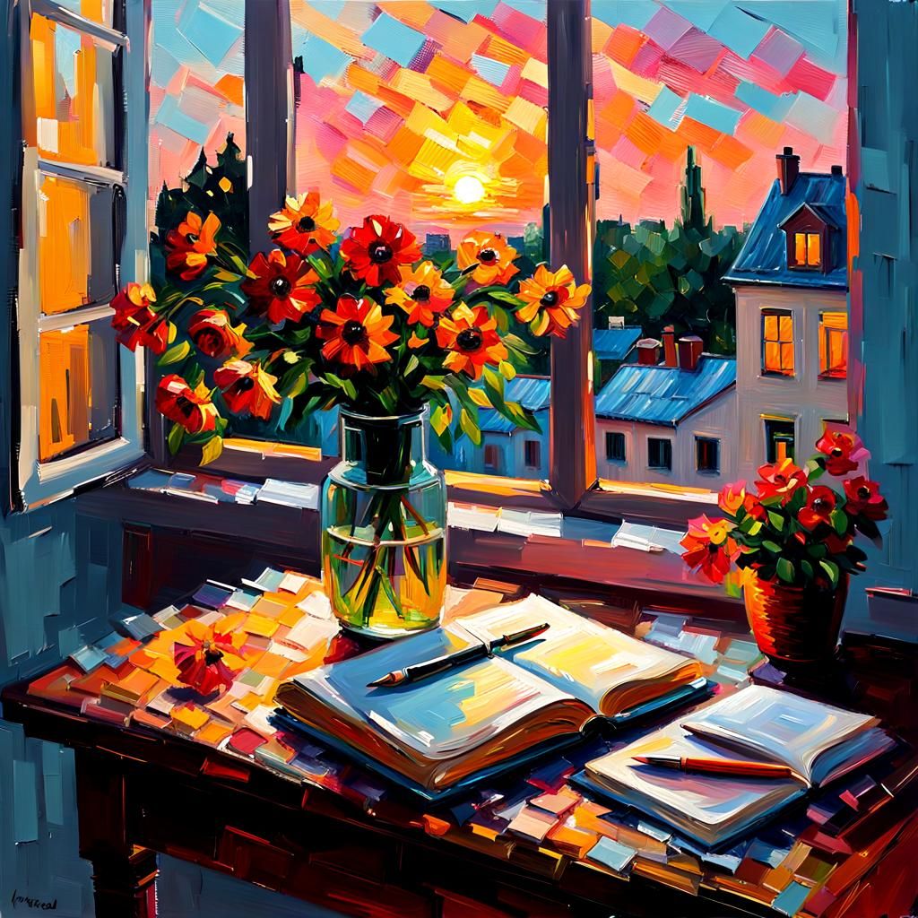 Journal by Window in Impasto Sunset Painting