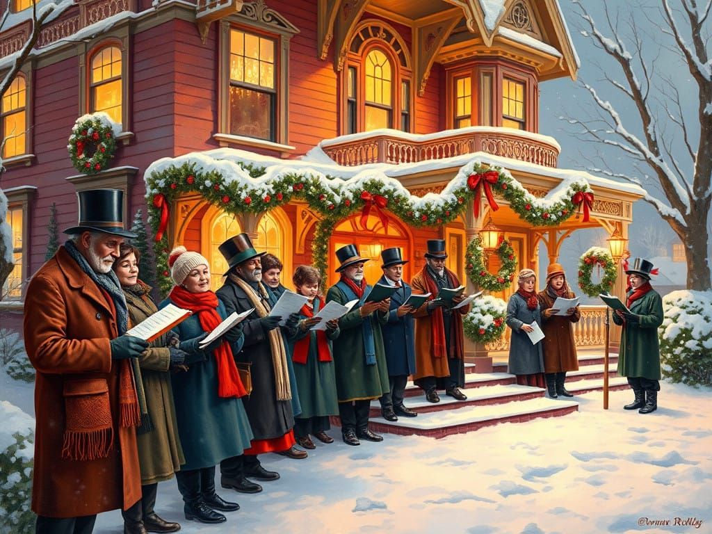 Victorian Carolers Gather on a Snowy Christmas Evening