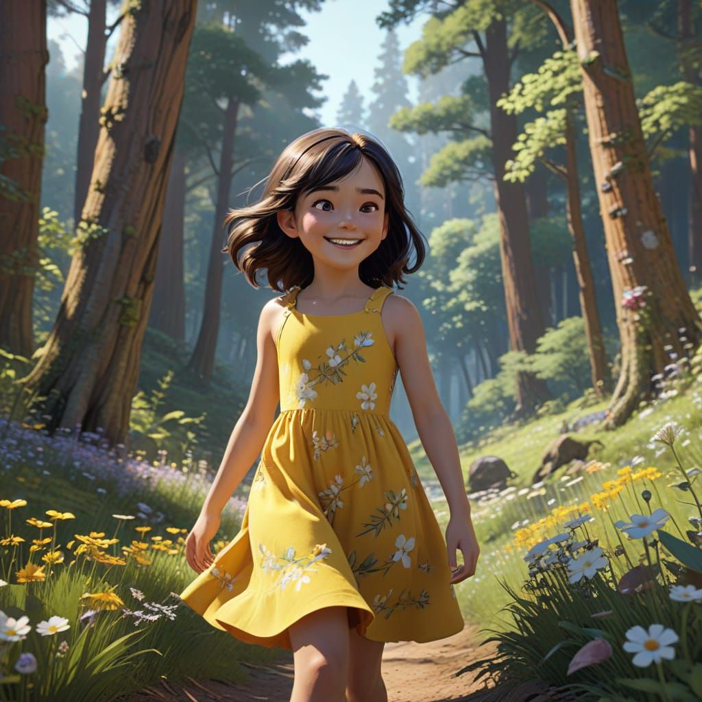 Whimsical Girl in Vibrant Forest, in Computer-Generated Anim...