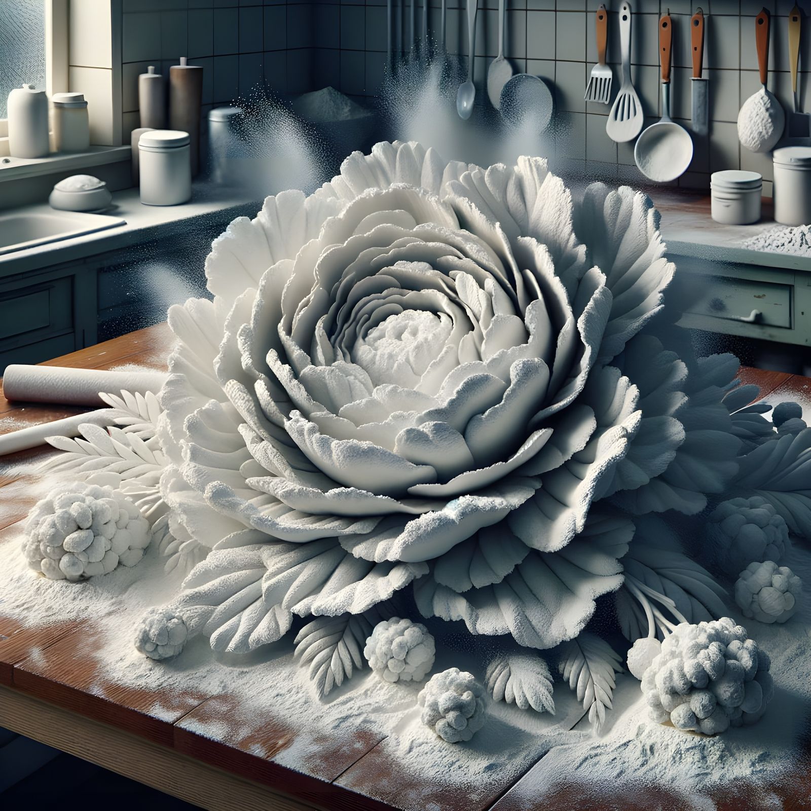 Peony Flower Made of Flour in Retro Kitchen