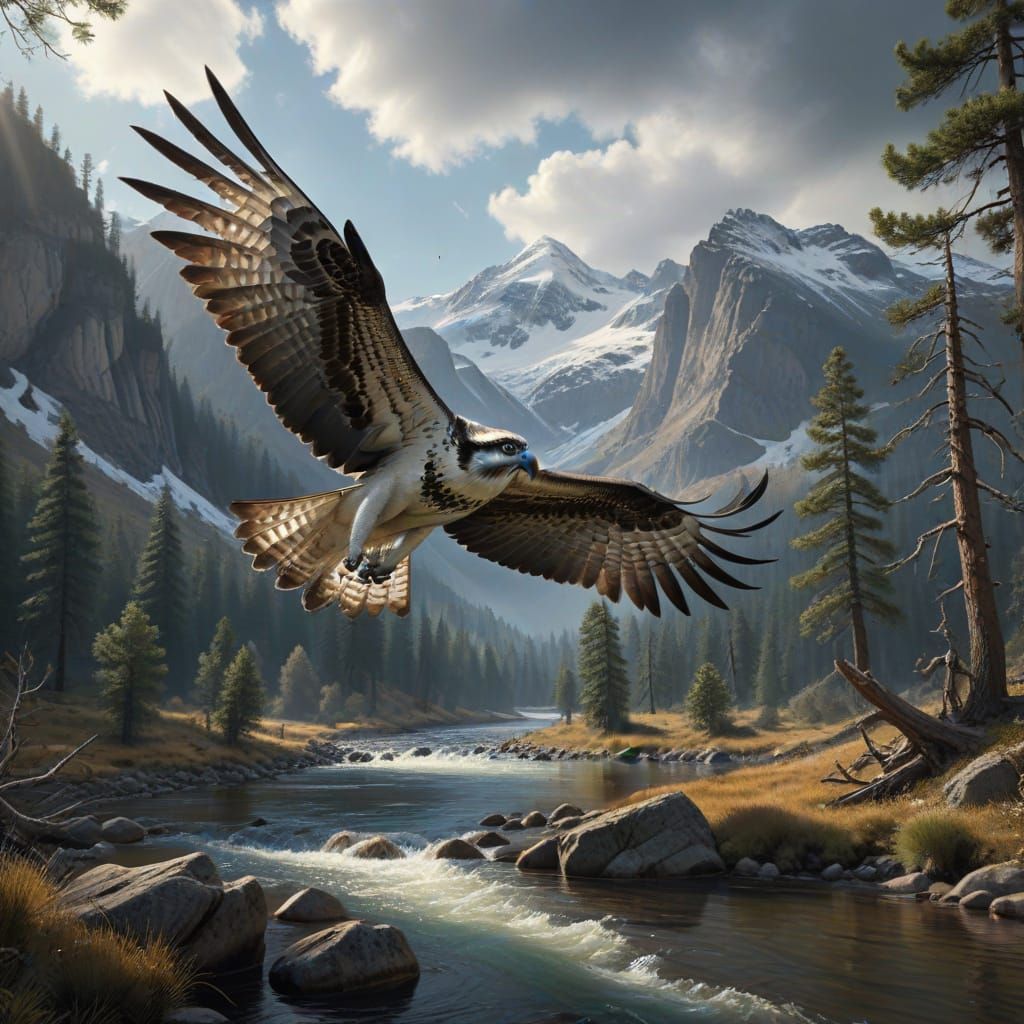 Osprey in Flight Over River Basin with Mountains