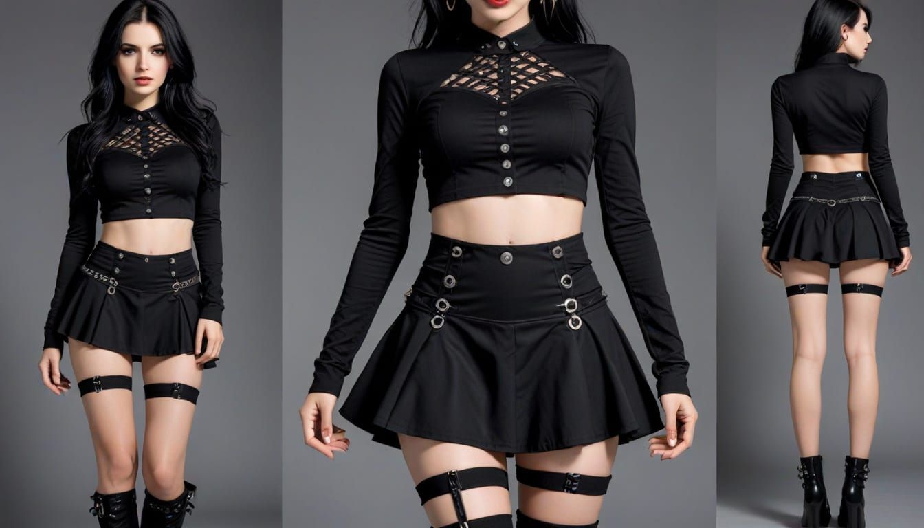 Goth Babe 🖤 Pleated Miniskirt 🖤 Front | Close-Up | Backshot