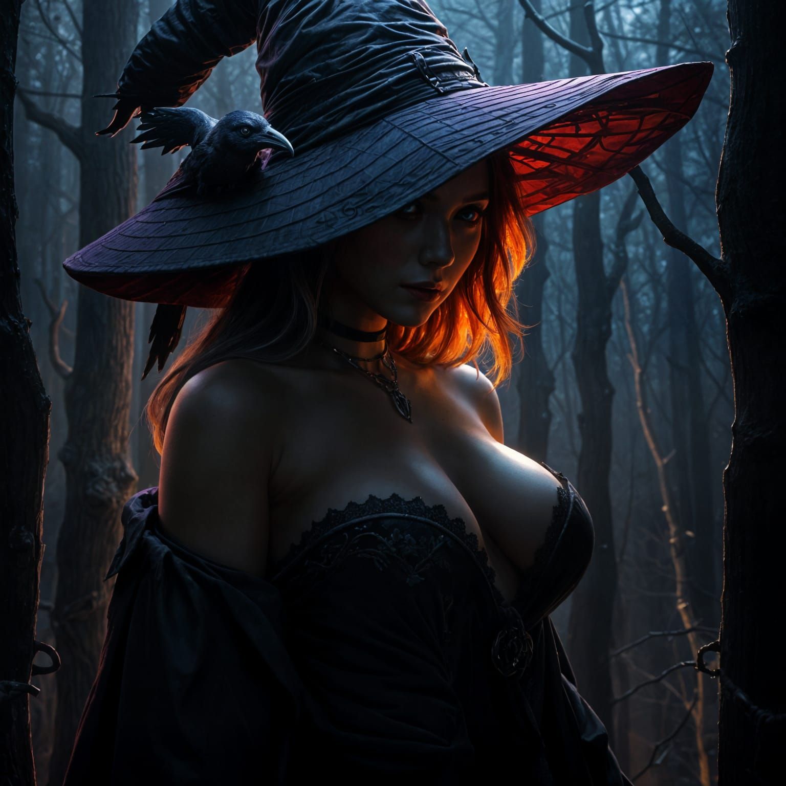 Seductive Witch in Sinister Forest, Dark Fantasy Concept Art