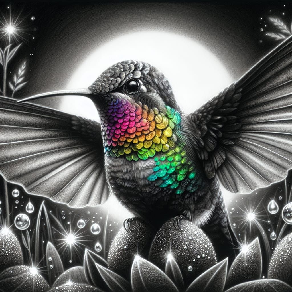 Colorful Hummingbird in Monochrome Fairy Garden
