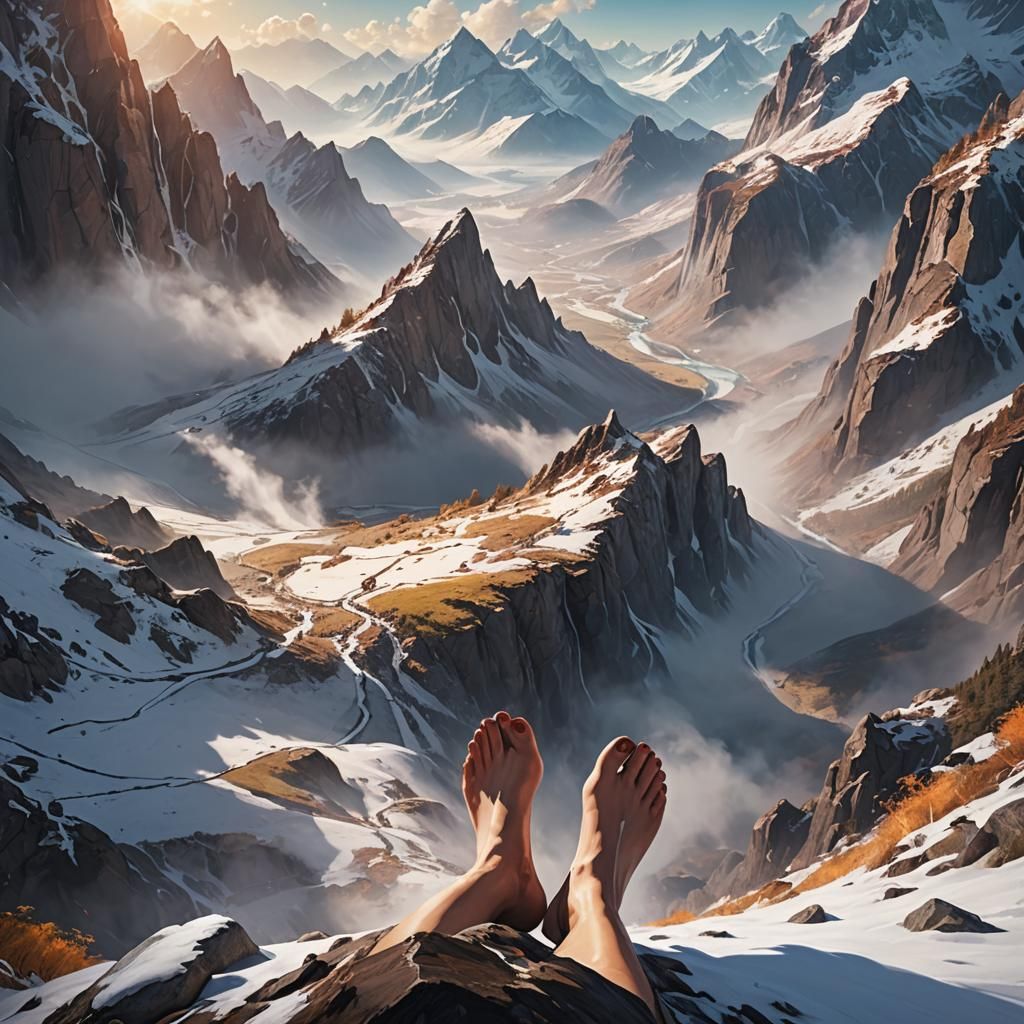 Giantess's Bare Feet Trapped in Mountain Valley