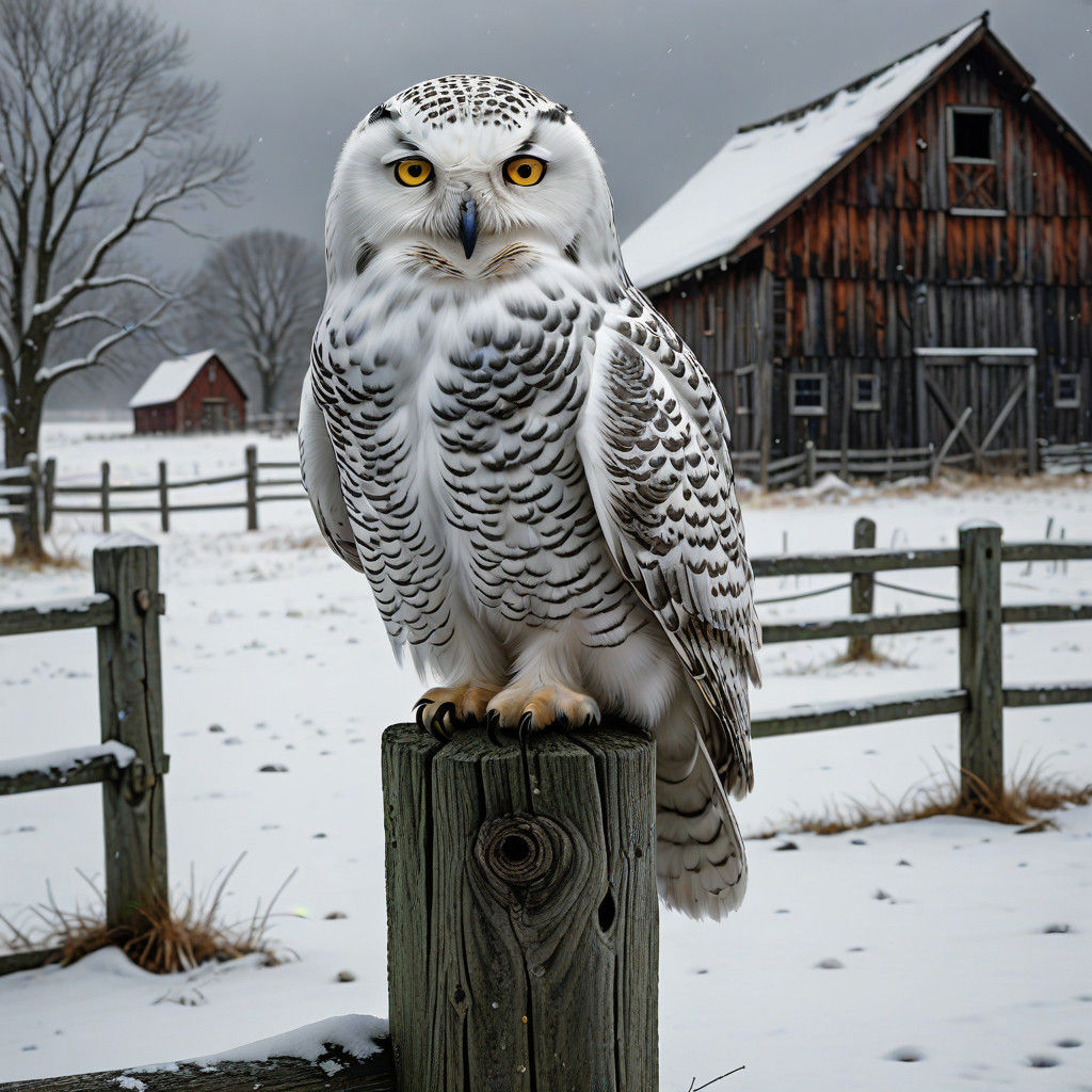 Epic Winter Snowy Owl Perched on Barn Fence