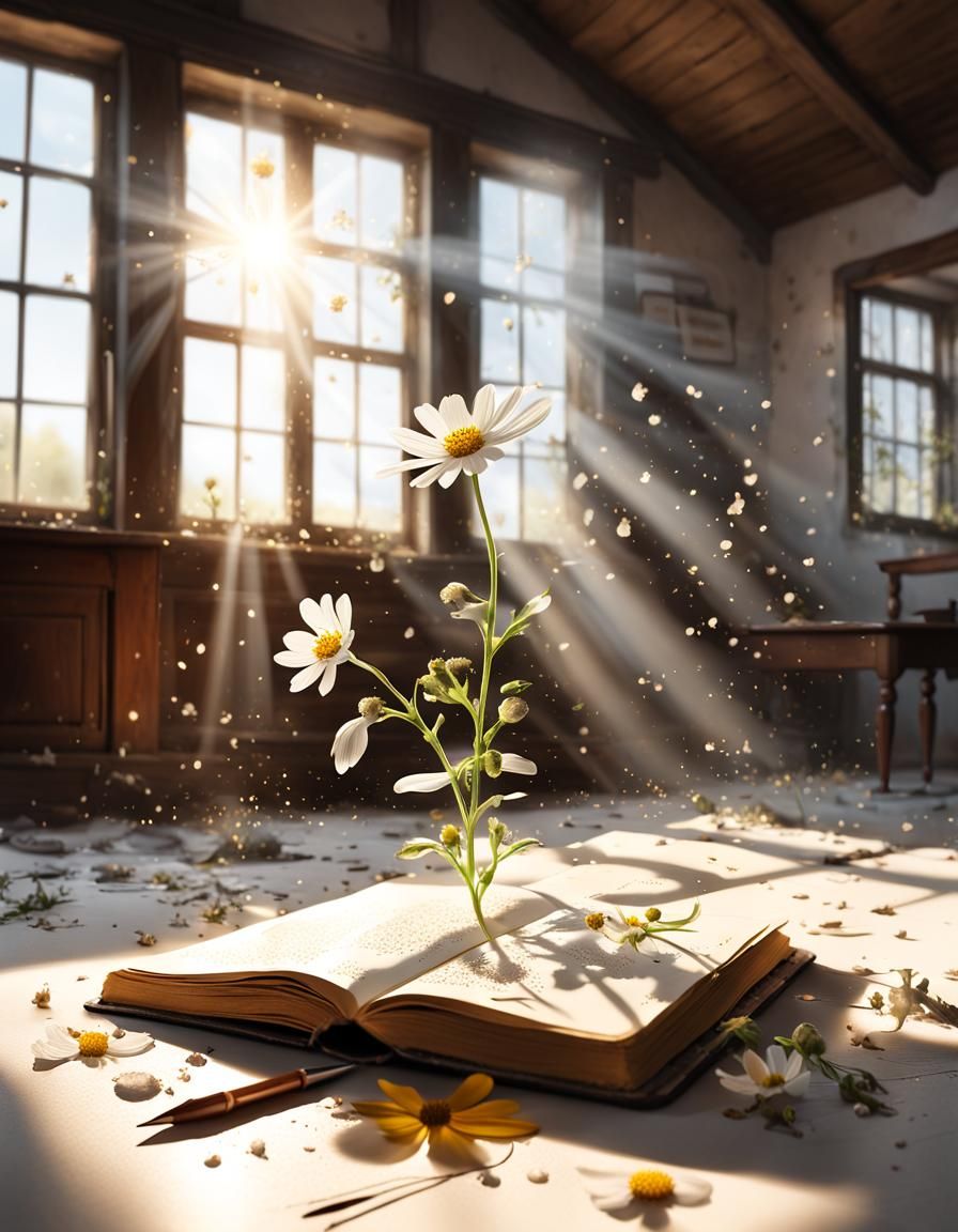 Wildflower Blooms in Sunlit Attic: Digital Matte Painting