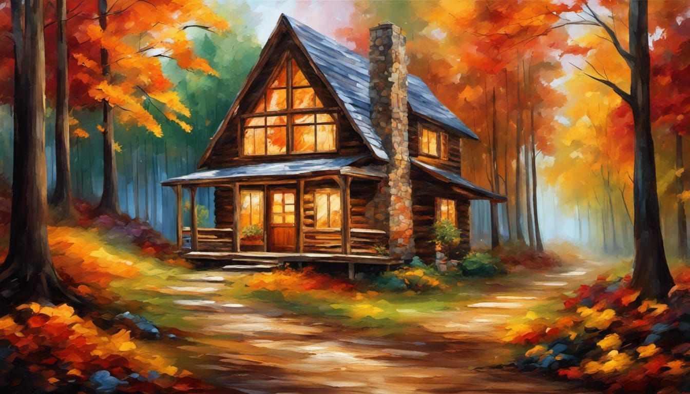 Autumn Forest Cabin: Kinkade, Afremov, Griffiths Style