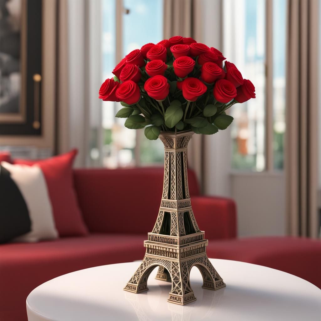 Eiffel Tower Vase with Red Roses: Hyperrealistic Masterpiece