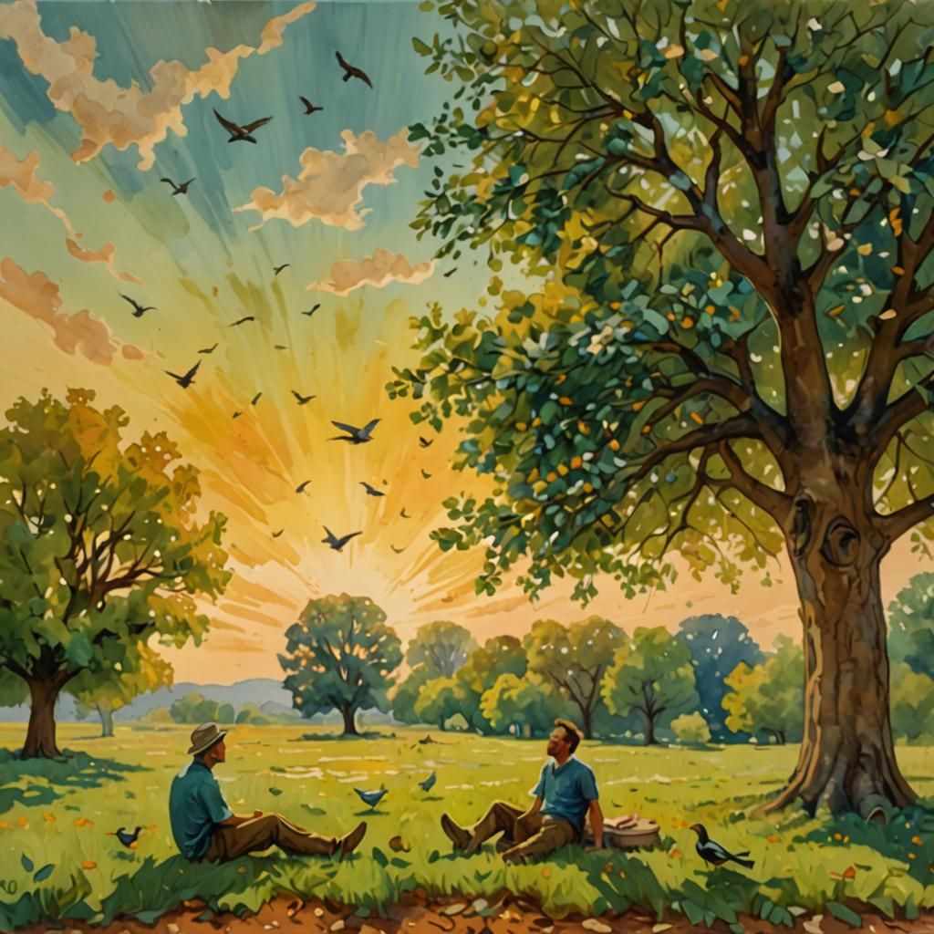 Ethereal Gouache Landscape Under Sycamore Tree