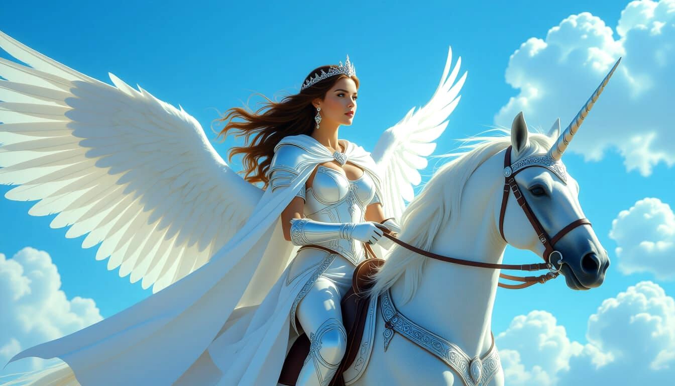 Winged Woman on Pegasus in Armored Dress