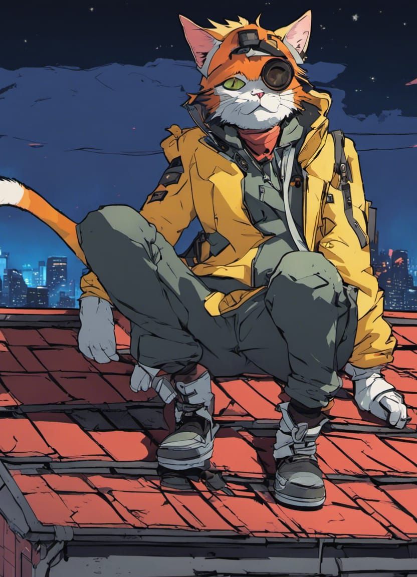 Cat on Rooftop in Anime Cel-Shaded Style