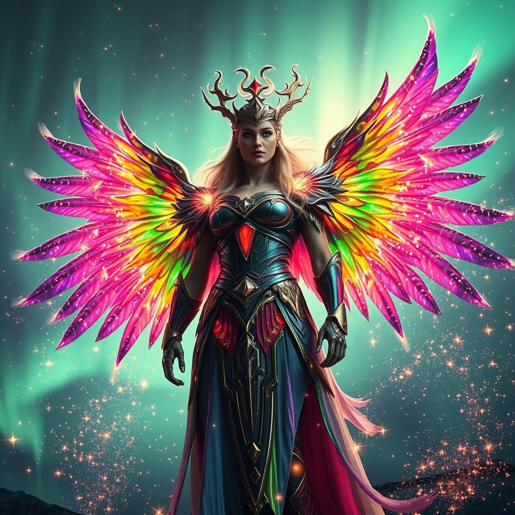 Valkyrie in Rainbow Armor Under Aurora Skies