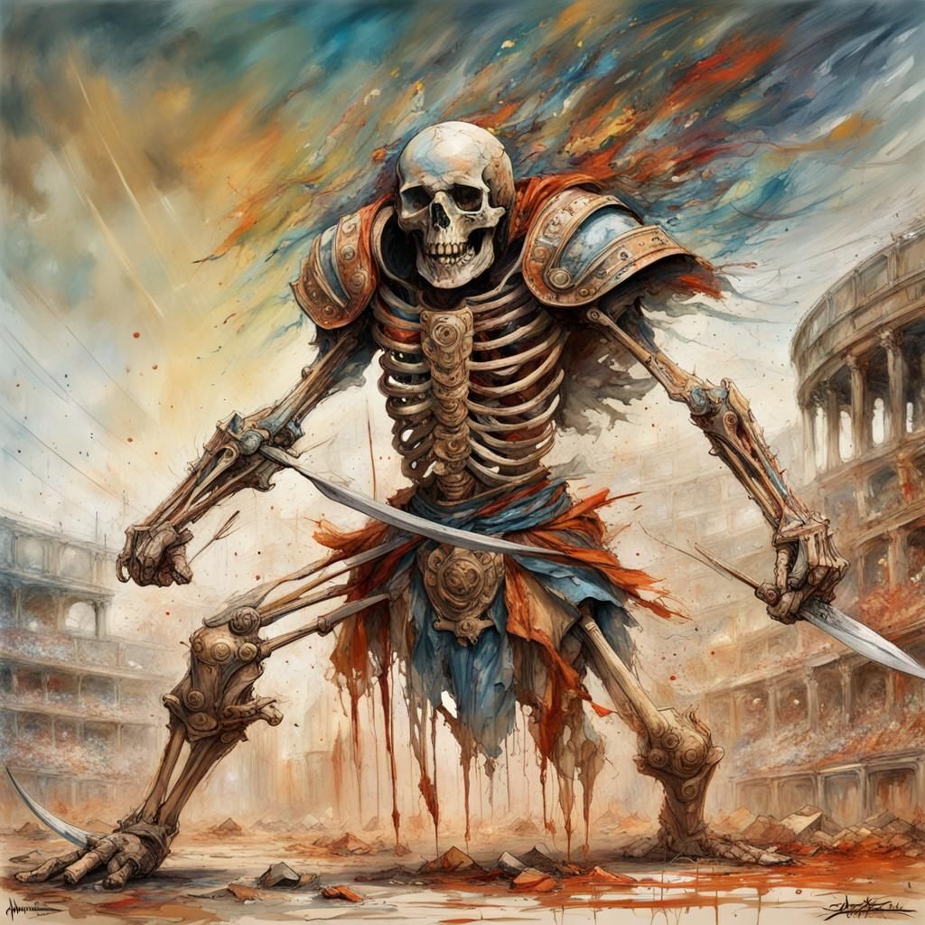 Gladiator Skeleton Action Pose in Coliseum