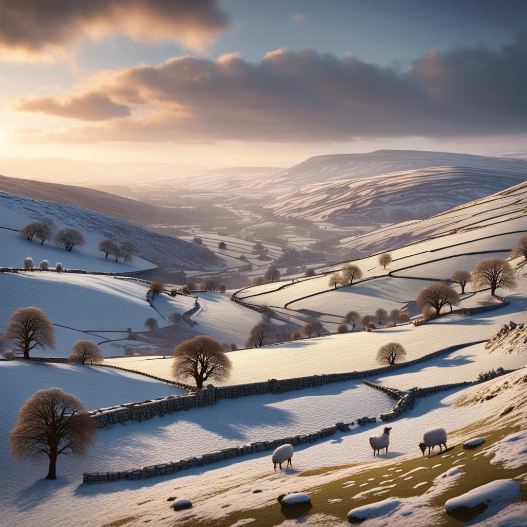 Winter Dales Landscape with Sheep, Matte Painting