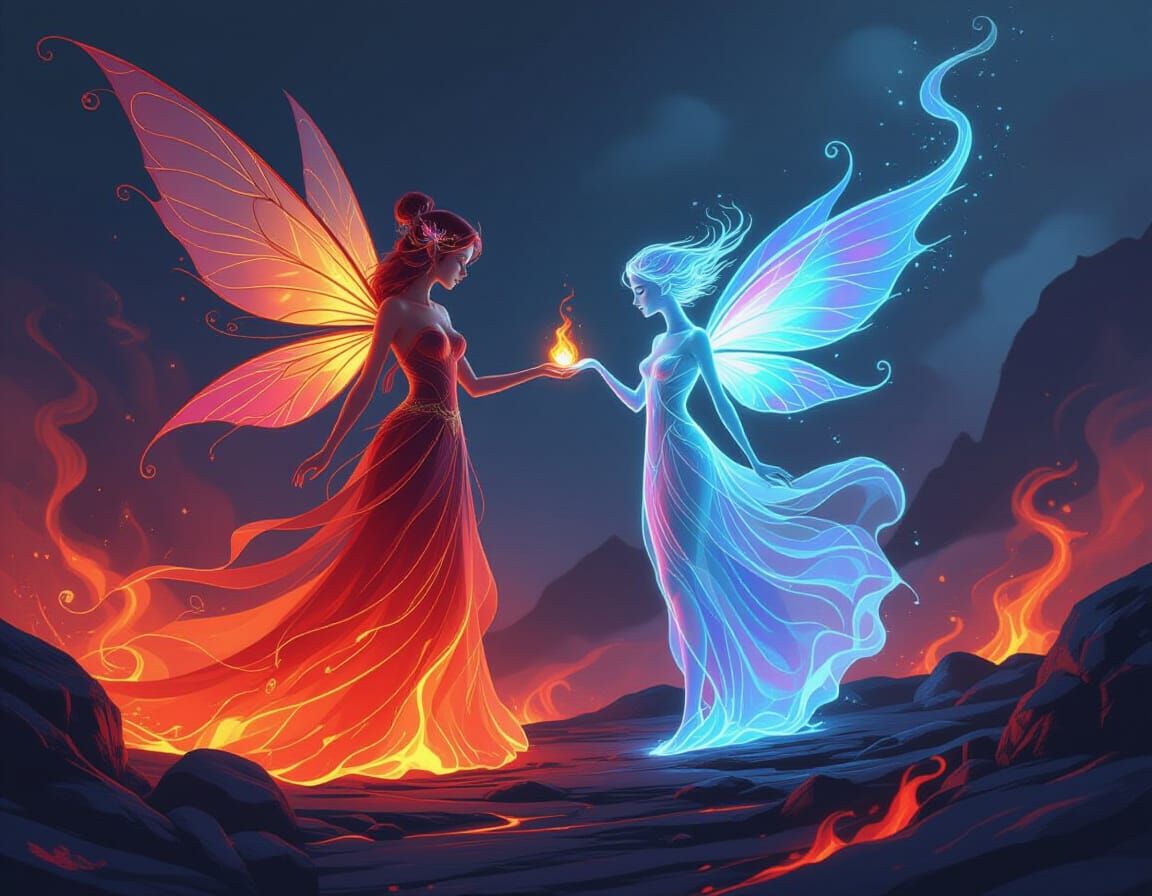 Volcanic Fairy Befriends Liquid Sylph in Ethereal Style