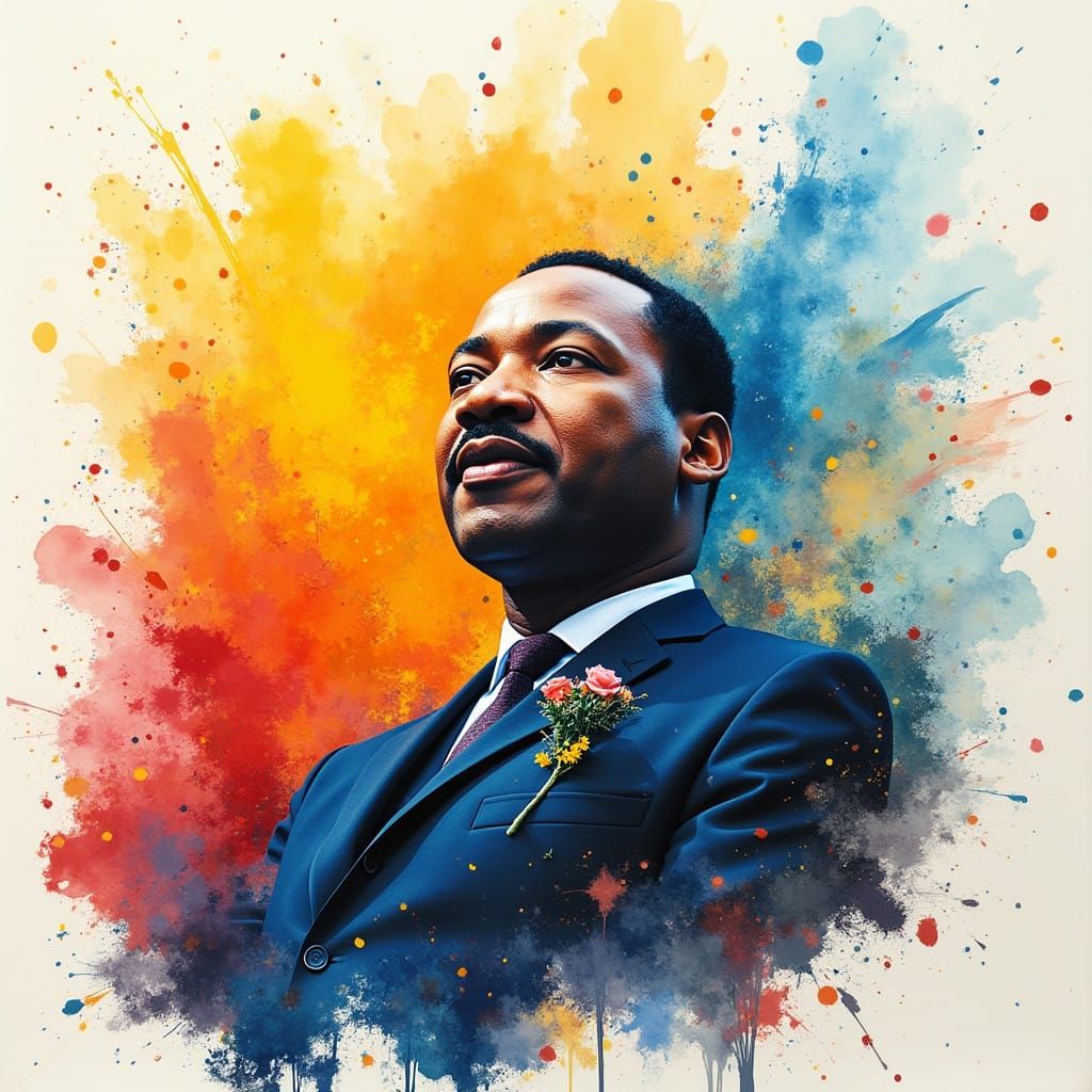 Watercolor Explosion Portrait of Martin Luther King Jr. in V...