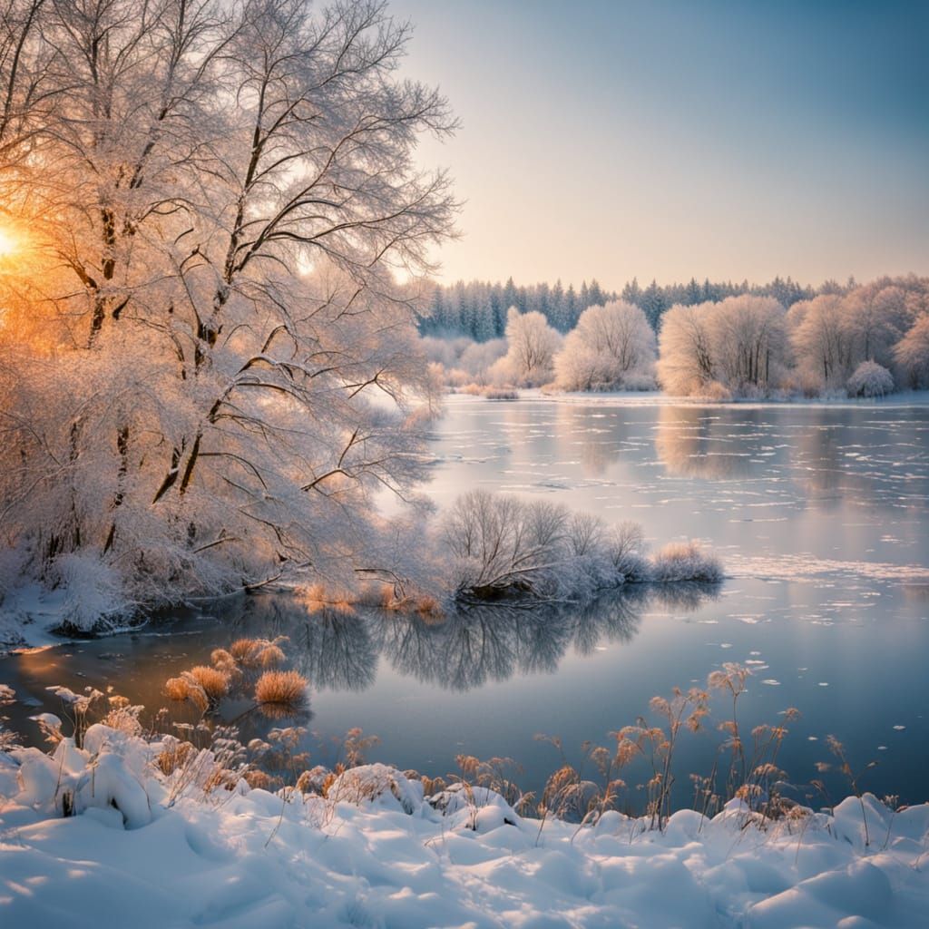 Frozen Lake Landscape with Sparkling Ice Crystals