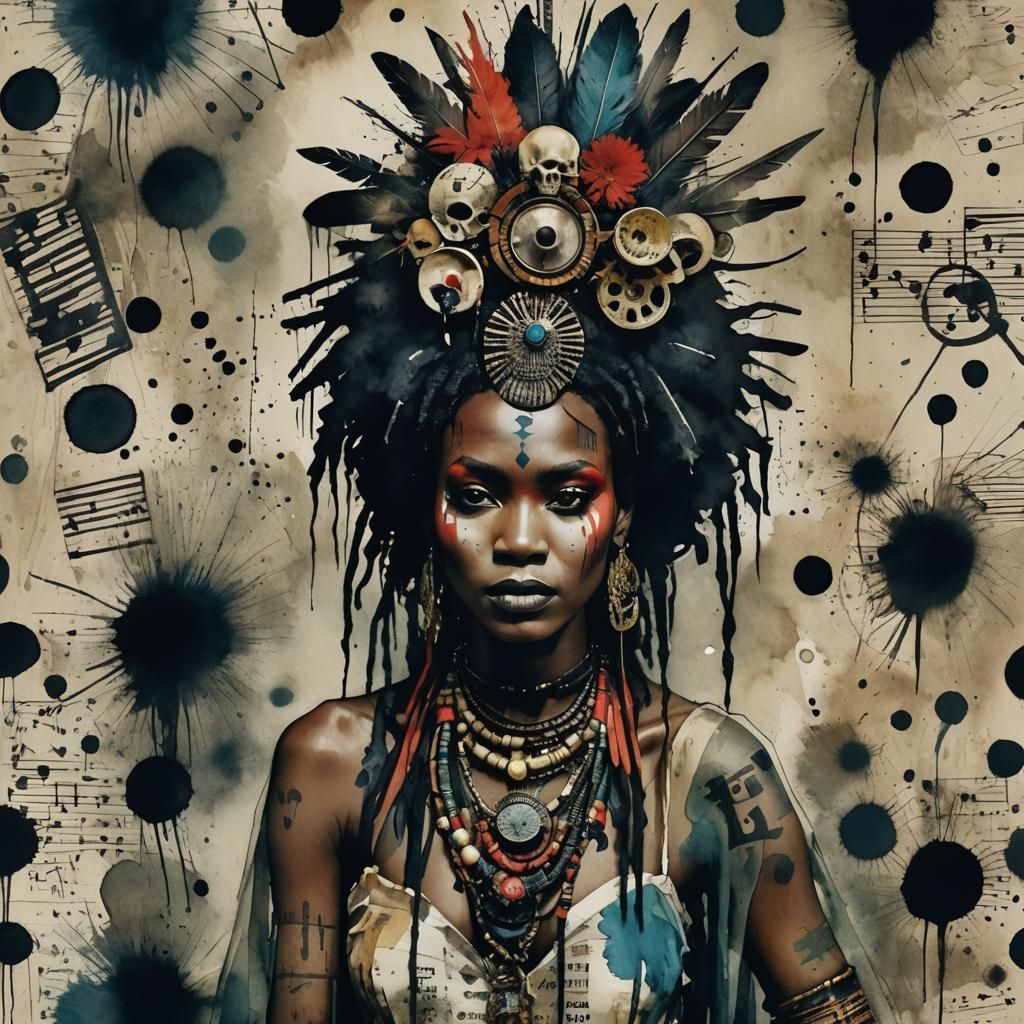 Vibrant Afrofuturistic Voodoo Witch Doctor Watercolour