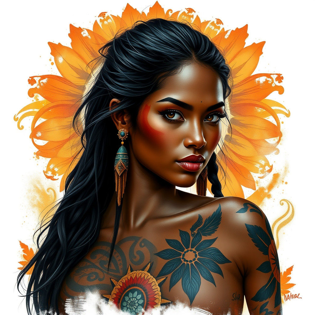 Tattooed African Woman in Hyperrealistic Splash Art