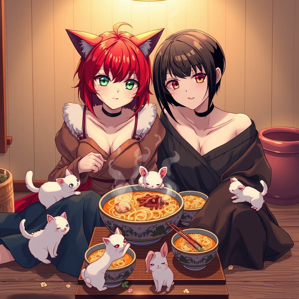 Anime Women Enjoy Noodles in Cozy Scene