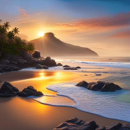 Bali Beach Sunset: Hyperrealistic Oil Painting