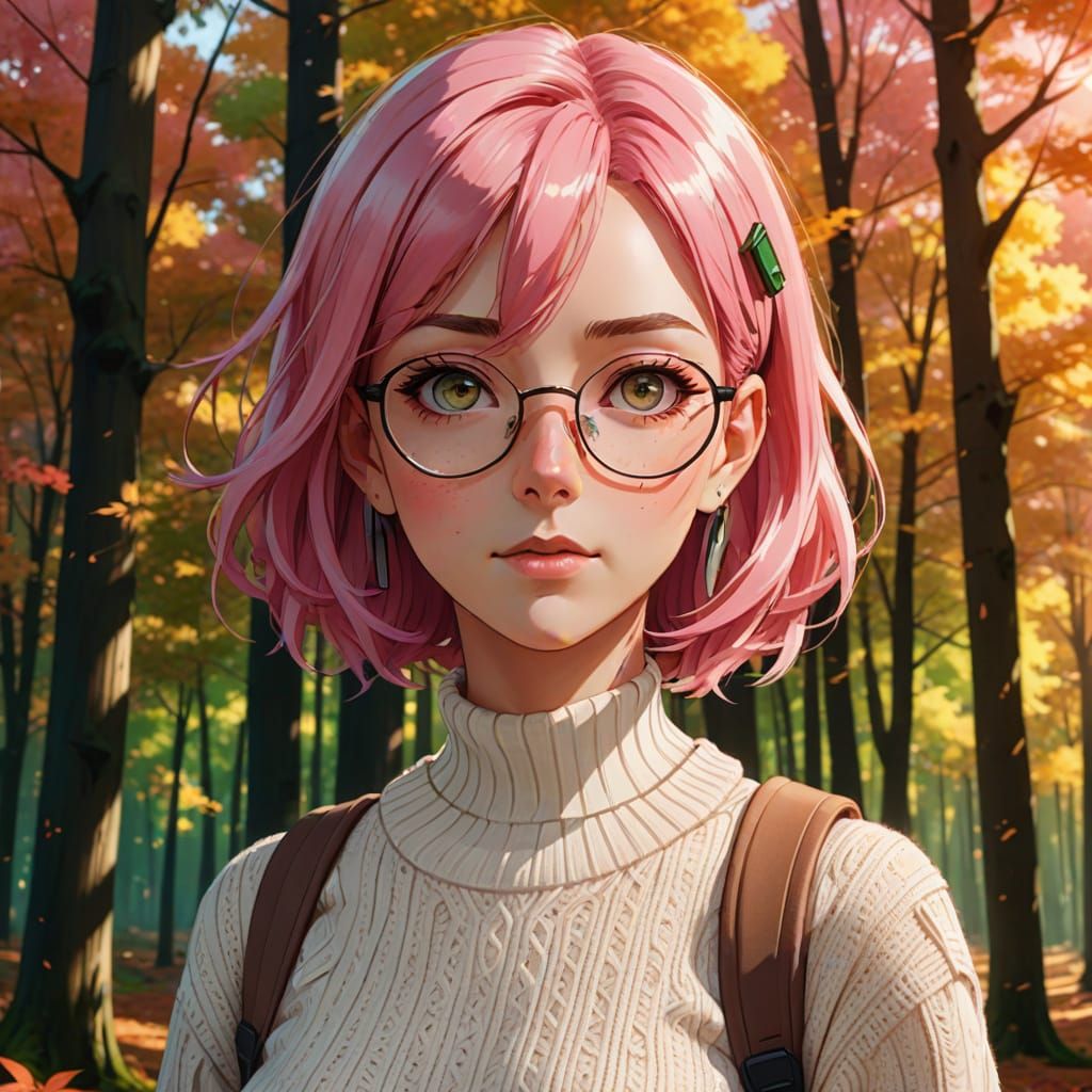 Anime Girl in Autumn Forest, Manga Style