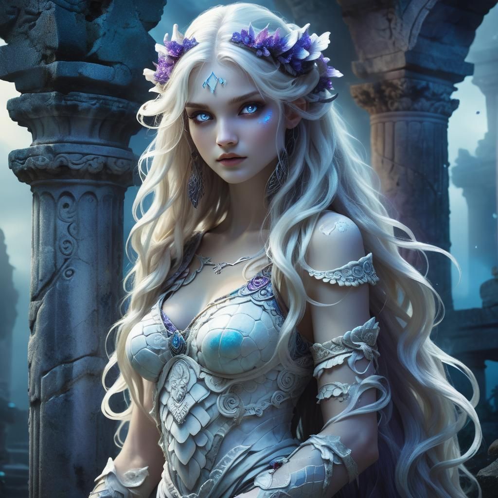 Luminescent Lamia Portrait in Moonlit Temple