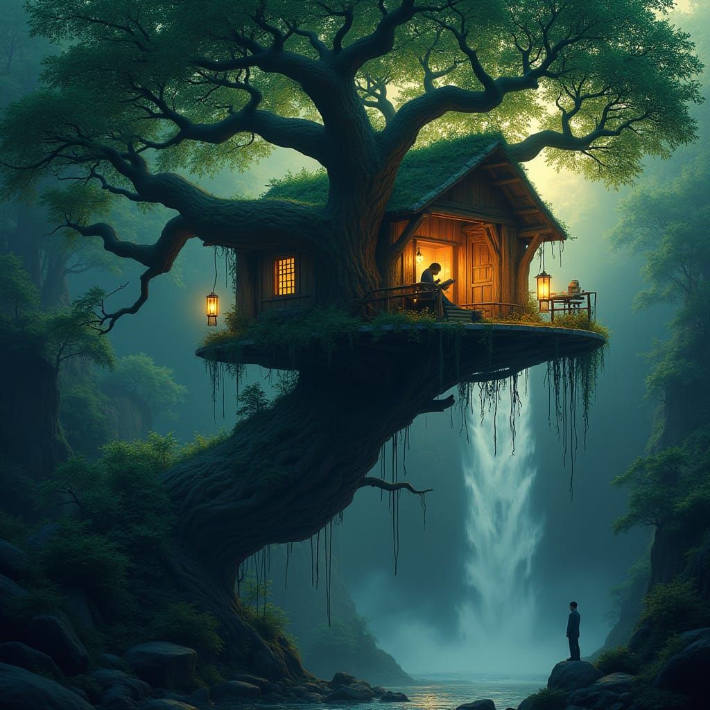 Whimsical Treehouse Sanctuary in the Evening Mist