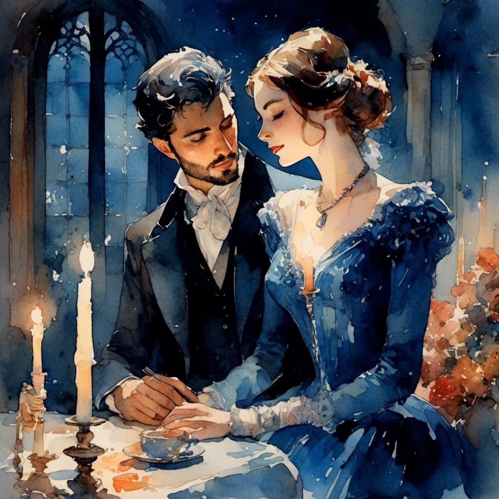 Watercolor Painting of Sad Woman and Lover
