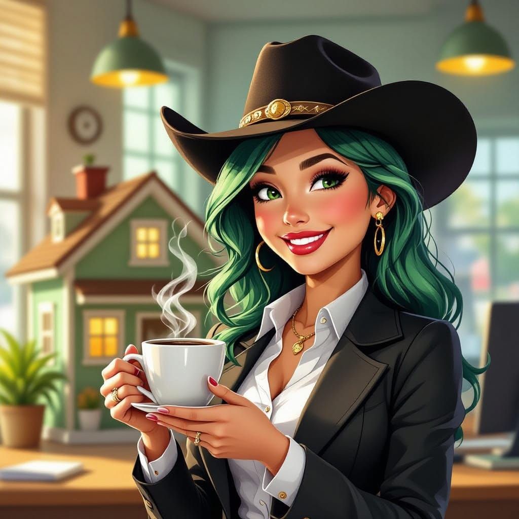 Cowgirl with Coffee in Whimsical Office