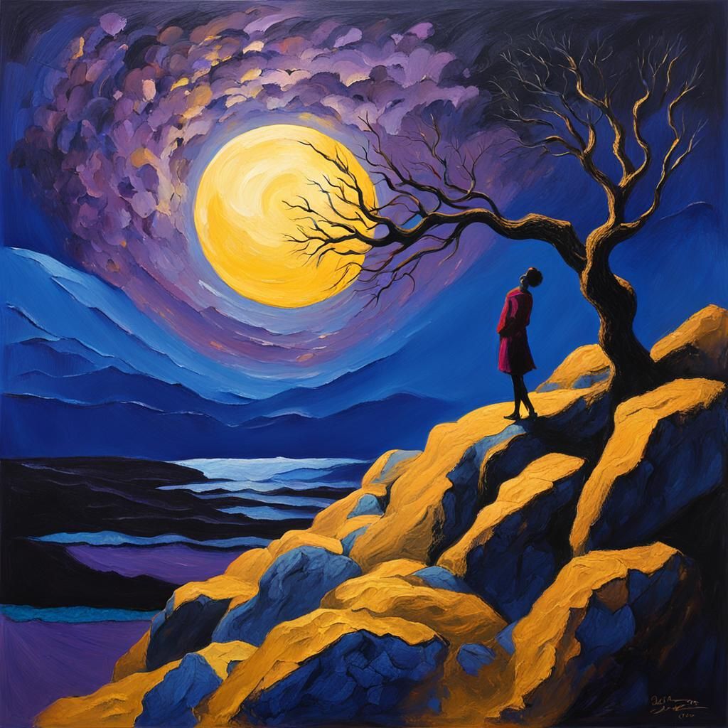 Fauve Painting of Figure in Moonlight