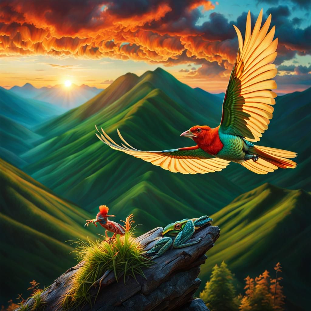Giant Redhead Bird Flies Over Mountain: Maximalist Art