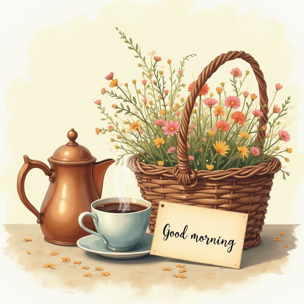 Still Life with Wildflowers and Vintage Postcard in Impressi...