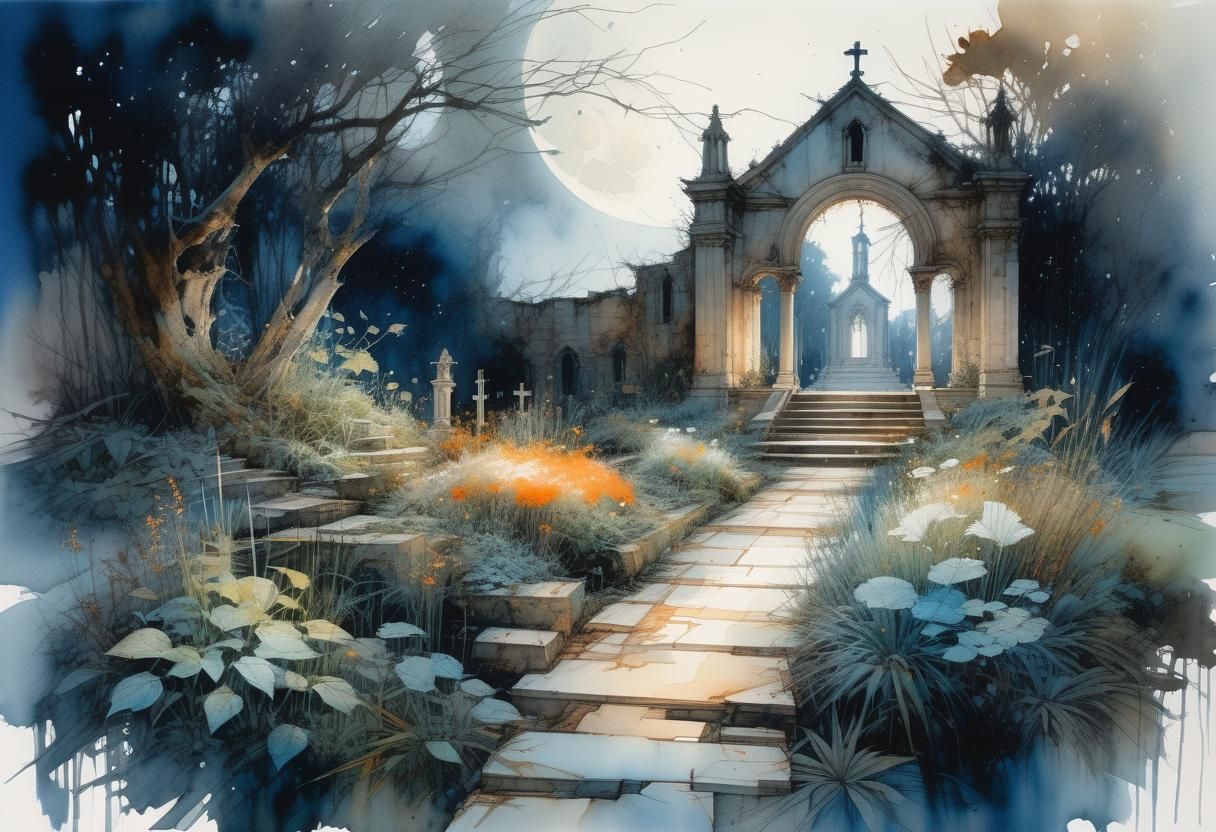 Moonlit Garden Path to Ruined Chapel: Watercolor Painting