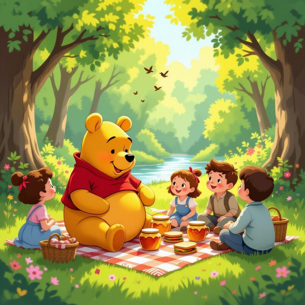 Pooh Bear Enjoys a Forest Picnic with Friends